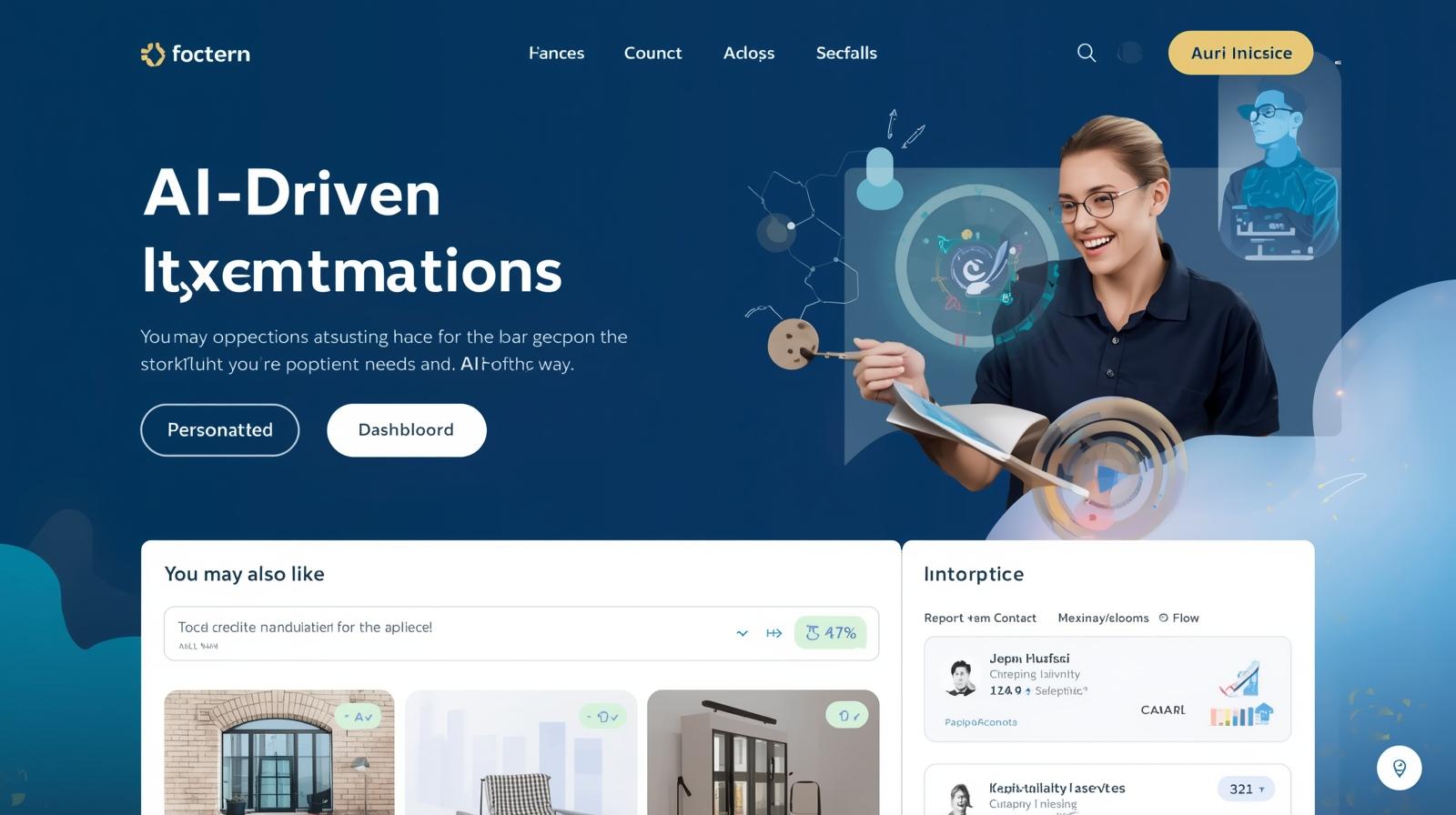 Graphic of a website with AI-driven recommendations, such as “You may also like” or personalized dashboard