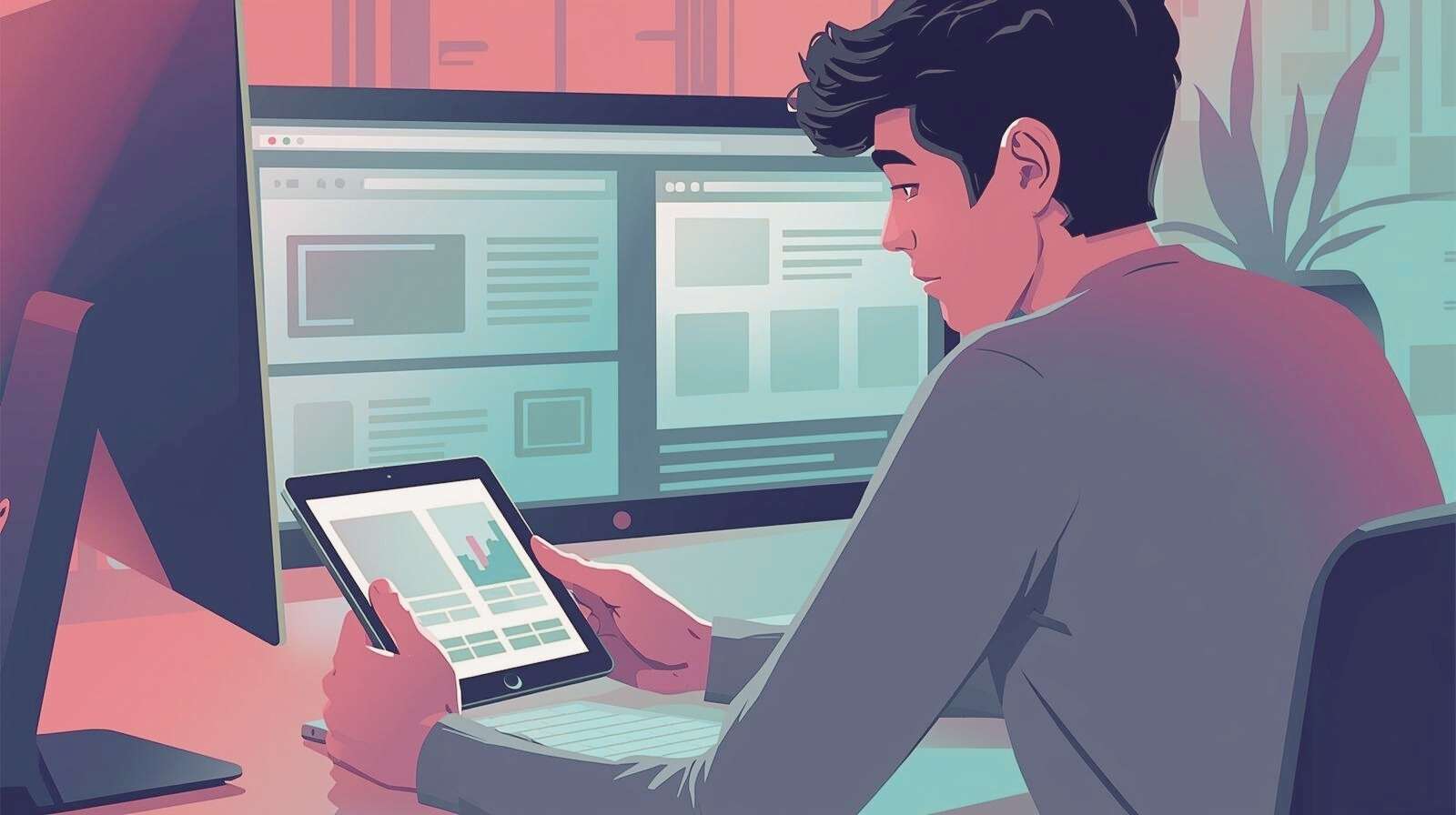 Illustration of a person browsing on multiple devices—desktop, tablet, and smartphone.